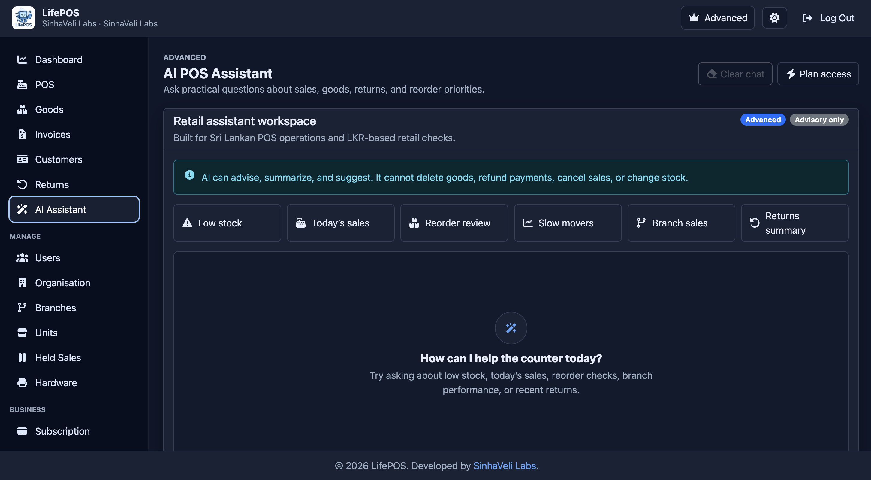 LifePOS AI assistant workspace for sales, goods, returns, and reorder questions